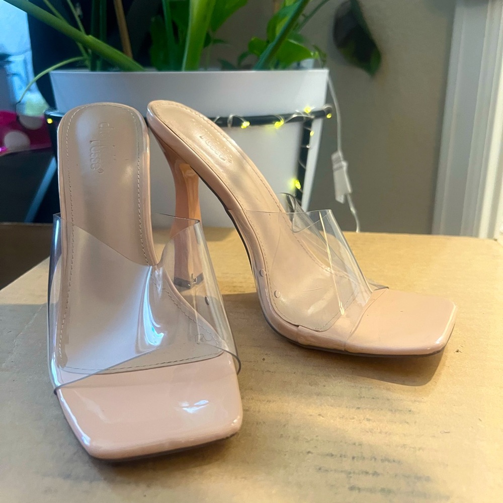 Clear-Strapped Tan Sandal Heels